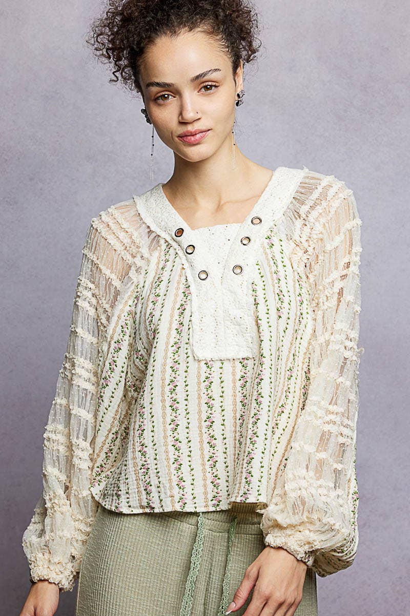 Long Sleeve V neck Lace Contrast Printed Woven Top