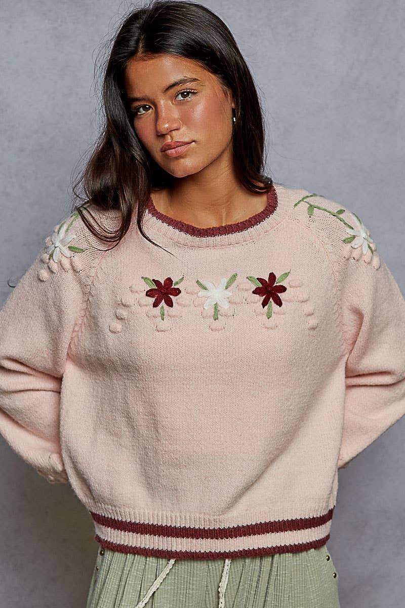 Round neck balloon sleeve floral embroidery sweater top