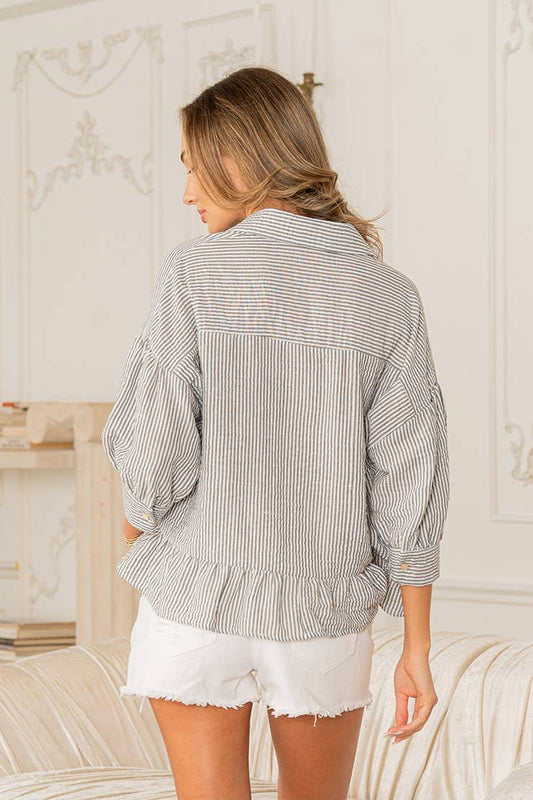 Plus 3/4 Sleeves Striped Shirt with Ruffle Hem