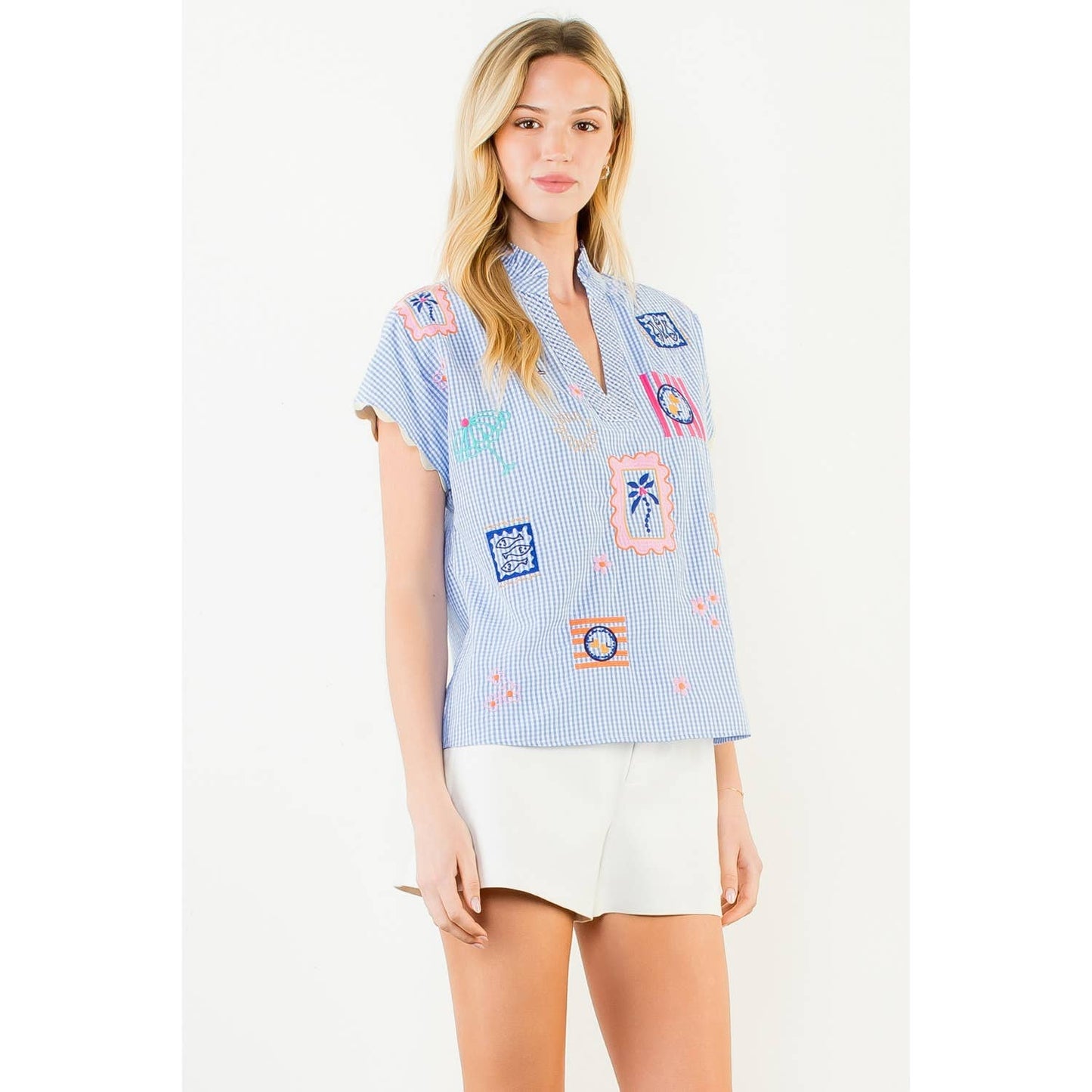 Short Sleeve Embroidery Detail Gingham Top