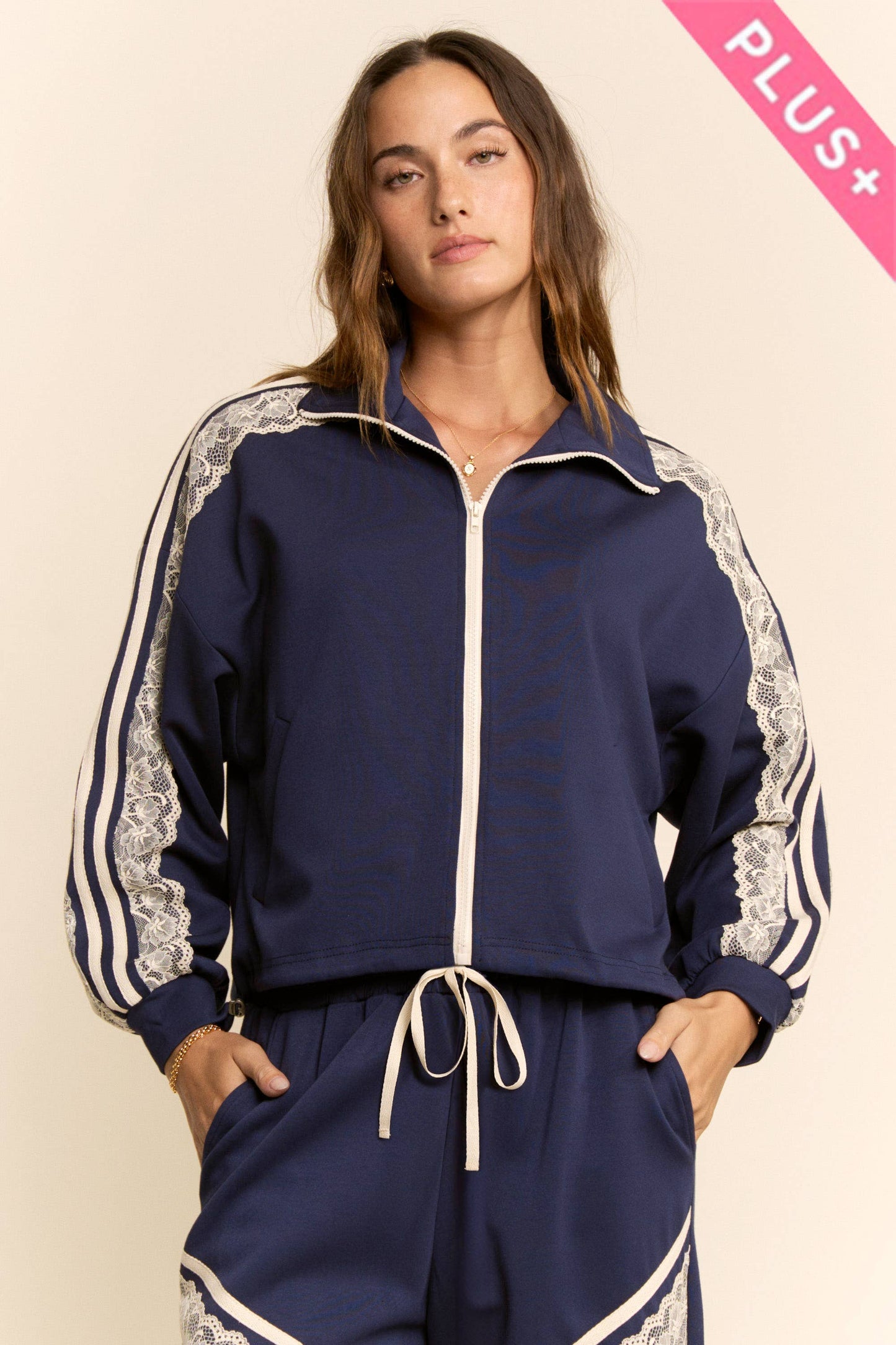 PLUS LACE AND TAPE DETAIL ZIPPER FRONT SET