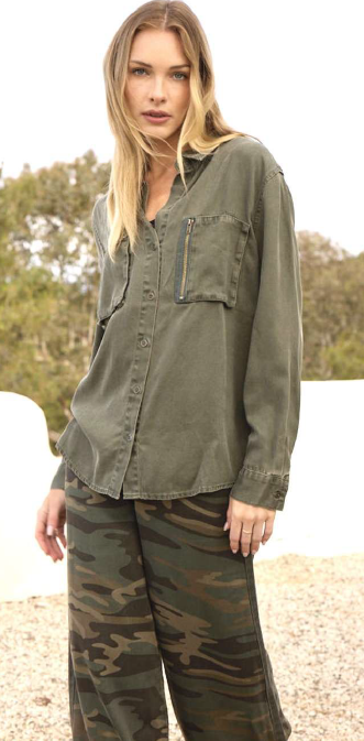 Olive tencel button up with zipper