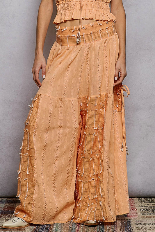 Boho Ruffle Contrast Shell Trim Wide Leg Pants coral