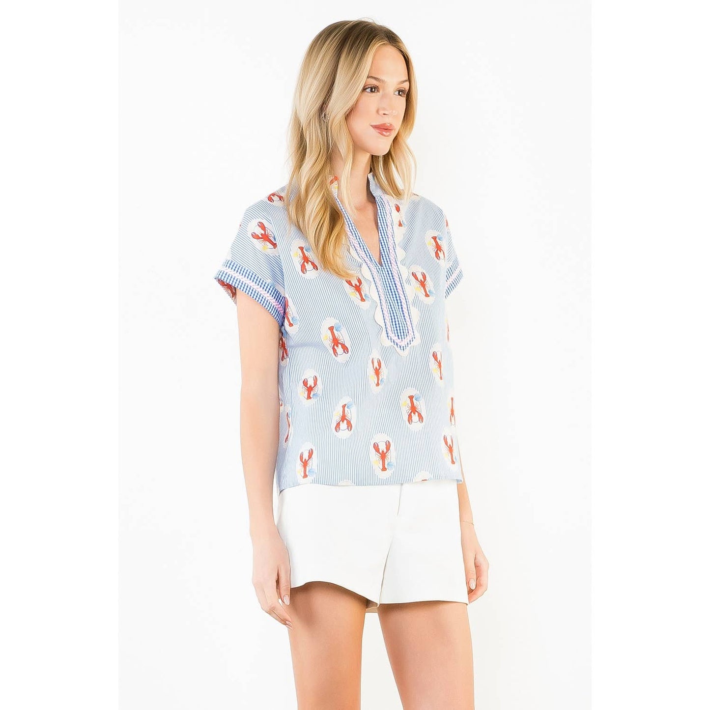 Short Sleeve Lobster Detail Striped Top