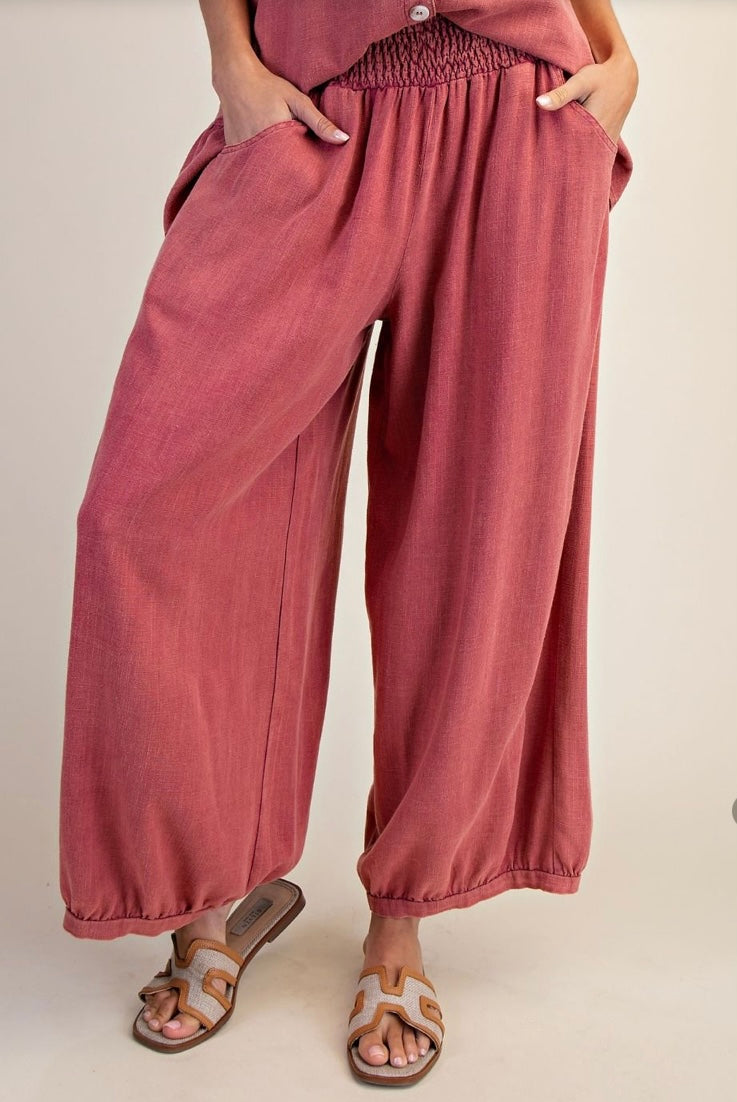 WASHED WIDE BAND BOTTOM LINEN PANTS RED