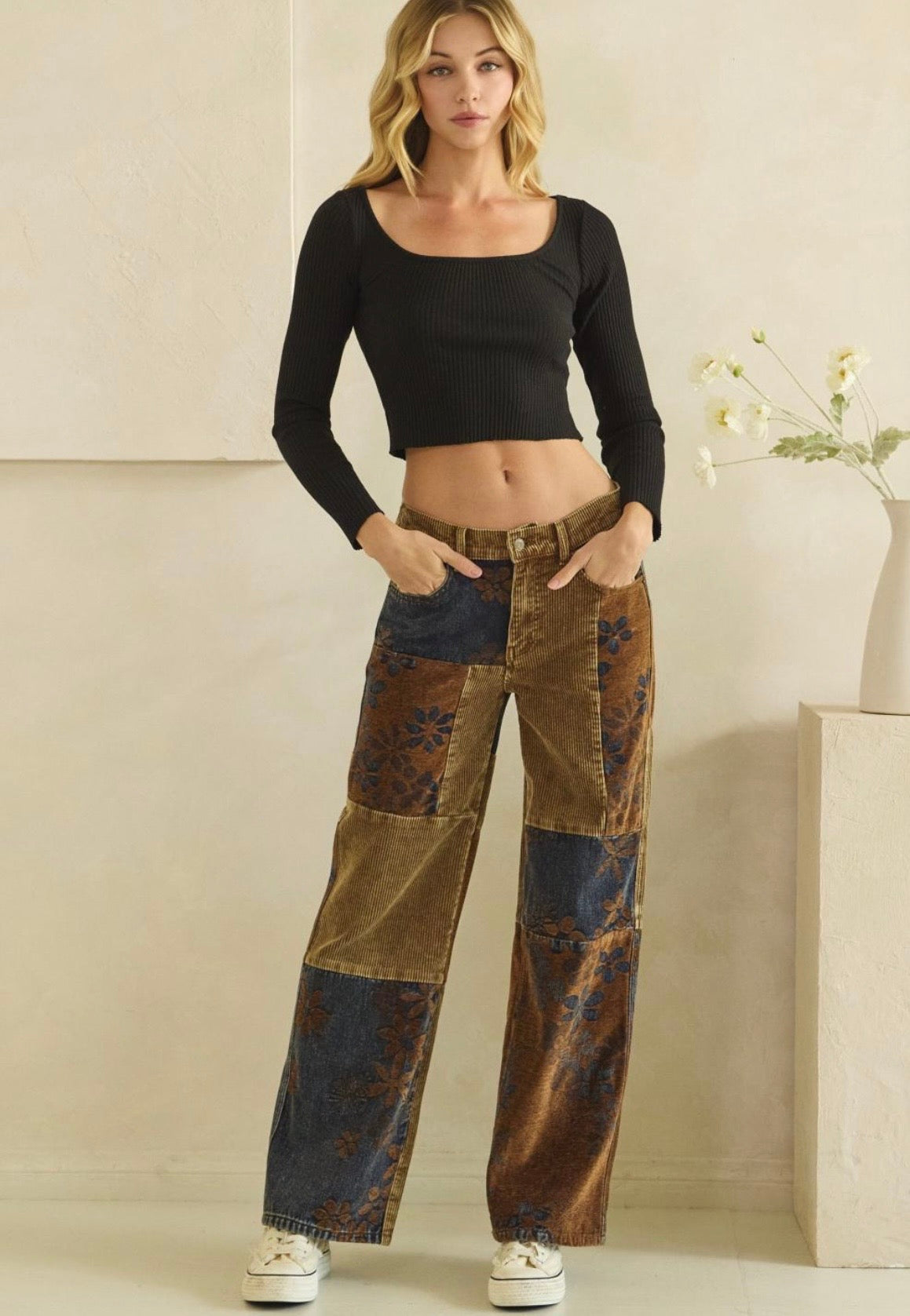 Patchwork Corduroy Floral Pants