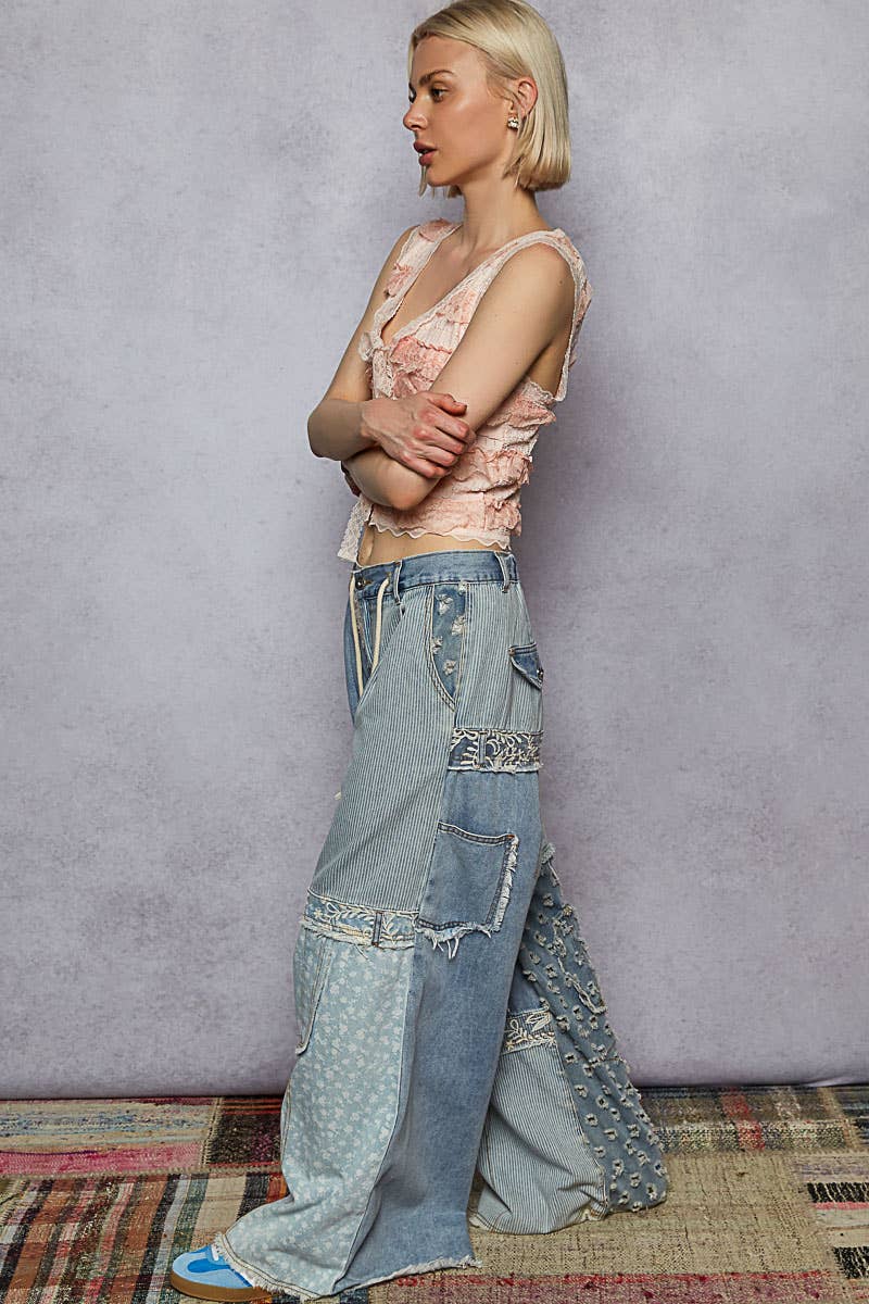 Lace-Overlay Printed Patchwork Contrast Denim Waistband Pant