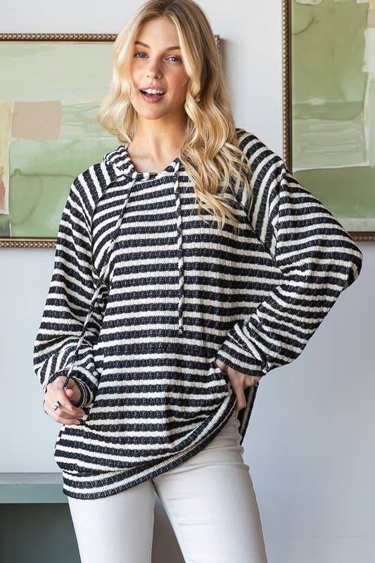 Plus Stripe Jacquard Long Puff Sleeve Hoodie Top