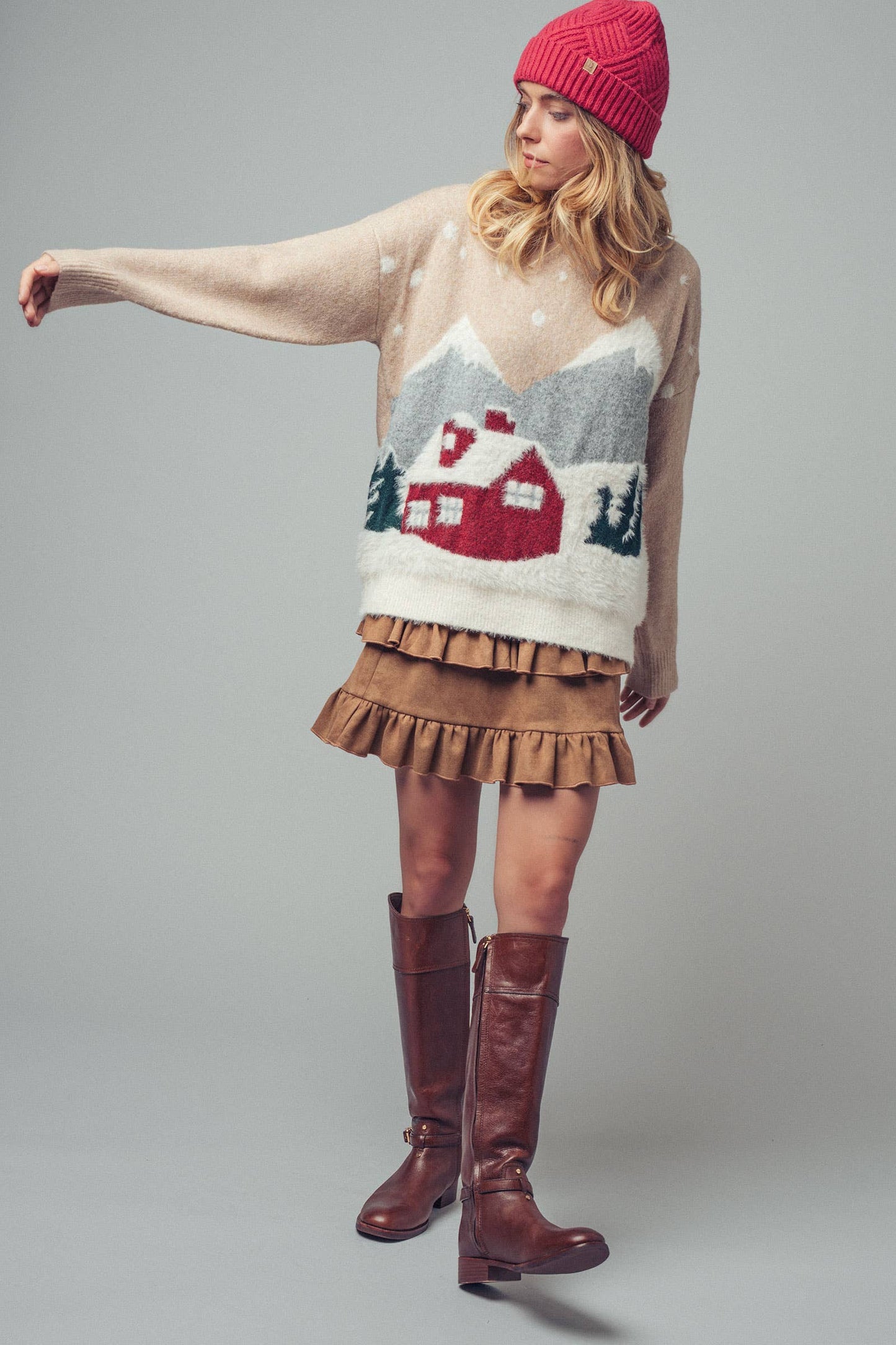 Fuzzy Winter Scene Intarsia Knit Sweater