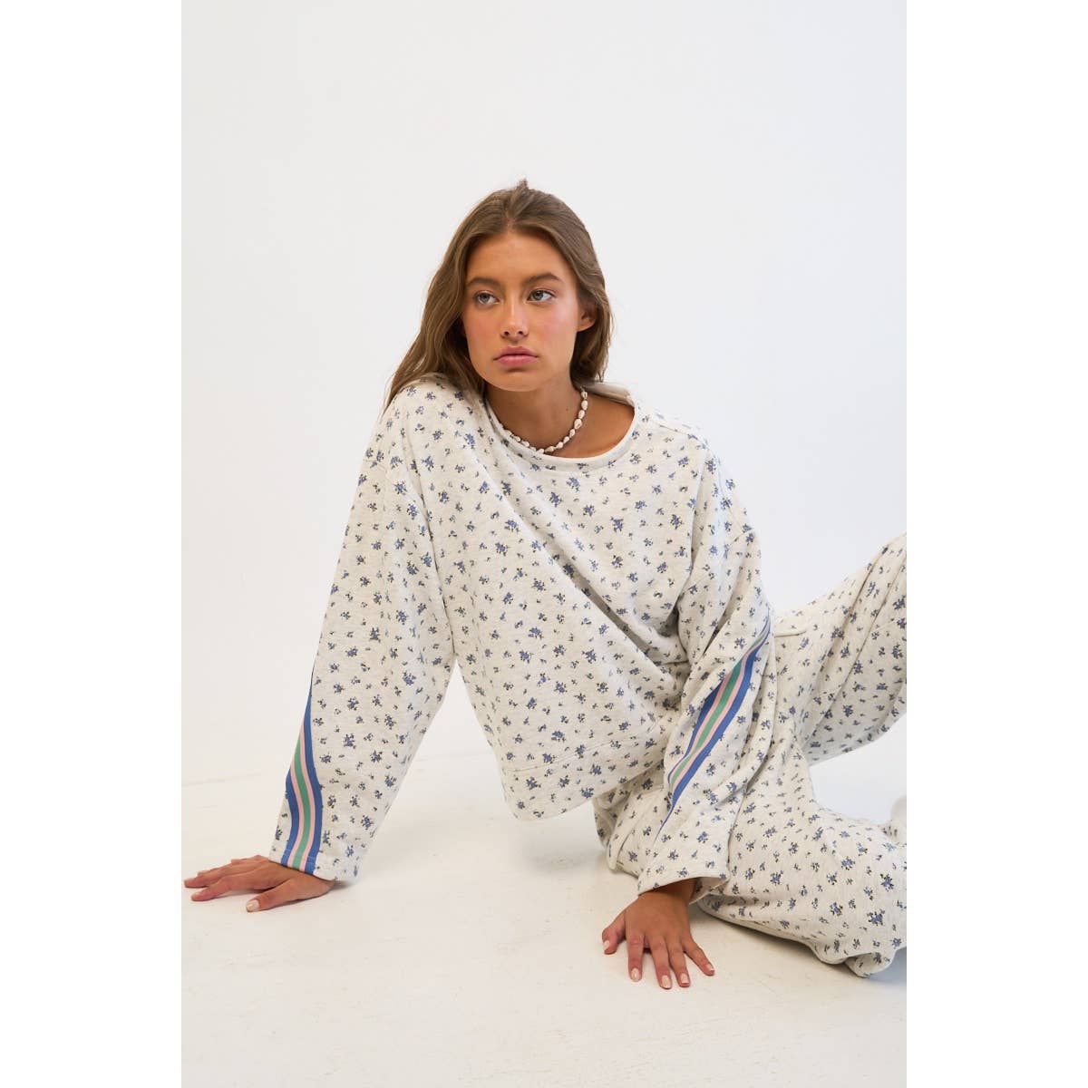 Floral Sweatshirt with Retro Striped Sleeve