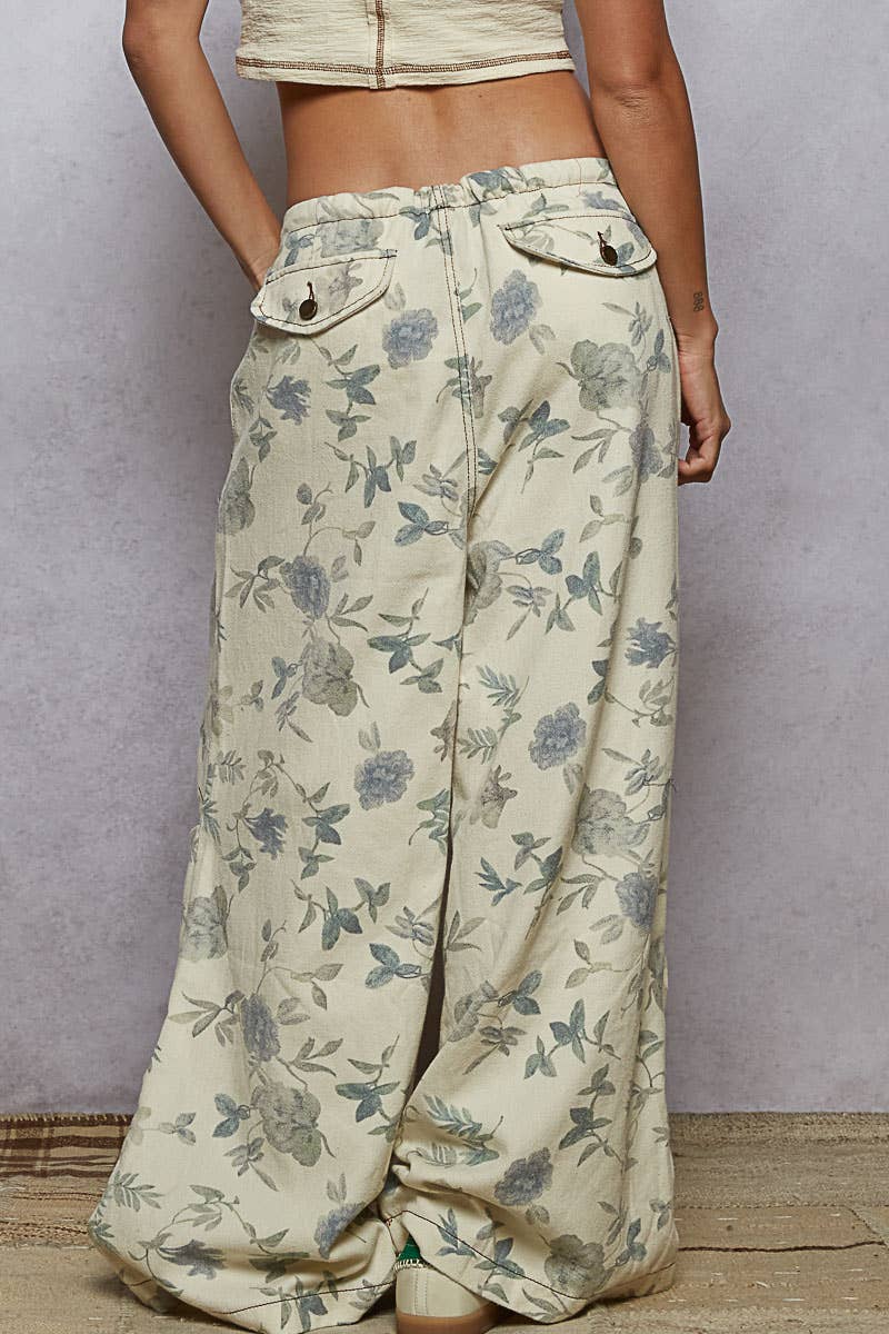 Lace drawstring detail printed twill woven pants