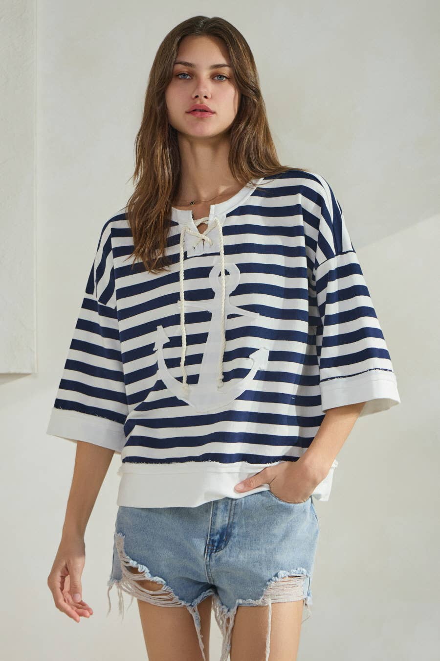 Plus Marine Striped French Terry Pullover