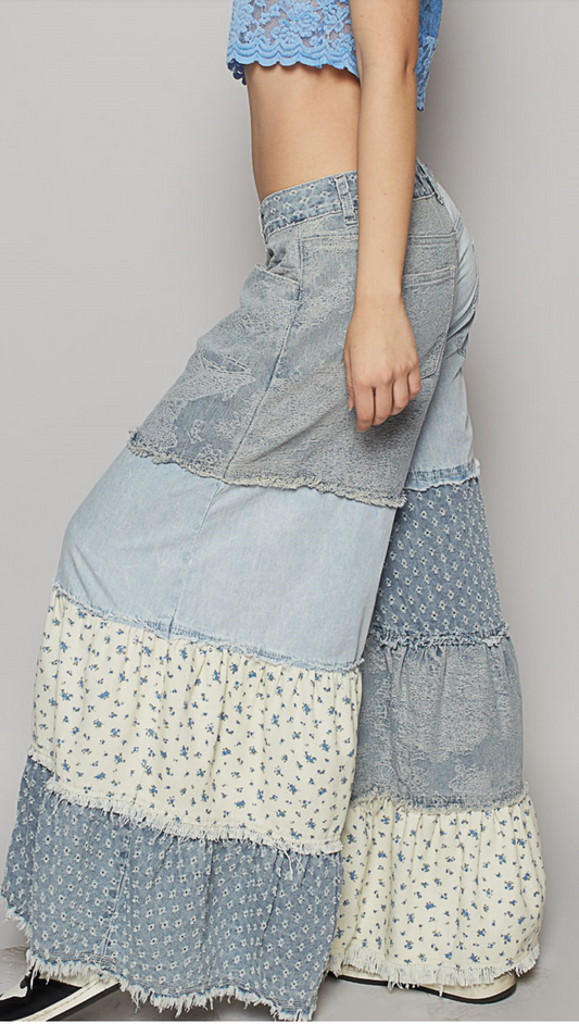 Denim multi tiered palazzo pants