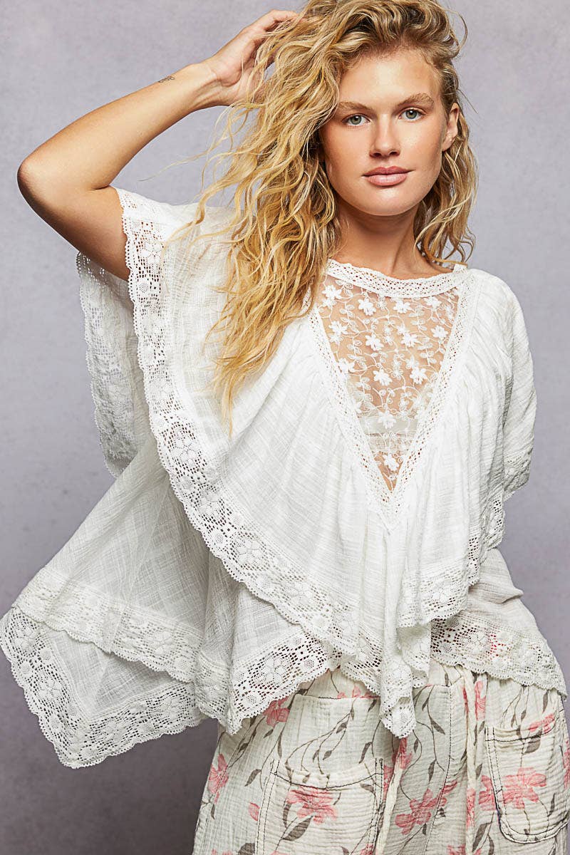 Lace Trim V Ruffle Detail Textured Woven Short Sleeve Top