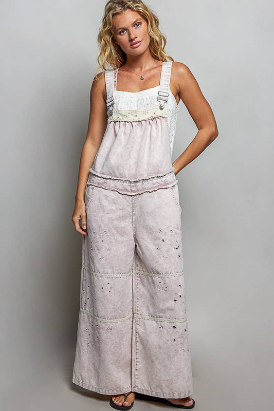 Laser-Cut Trim Accent Twill Denim Wide Leg Overalls