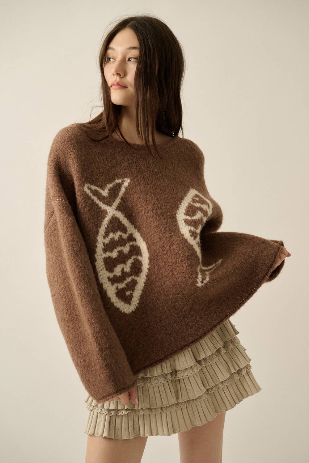 Fish Jacquard-Knit Sweater Taupe