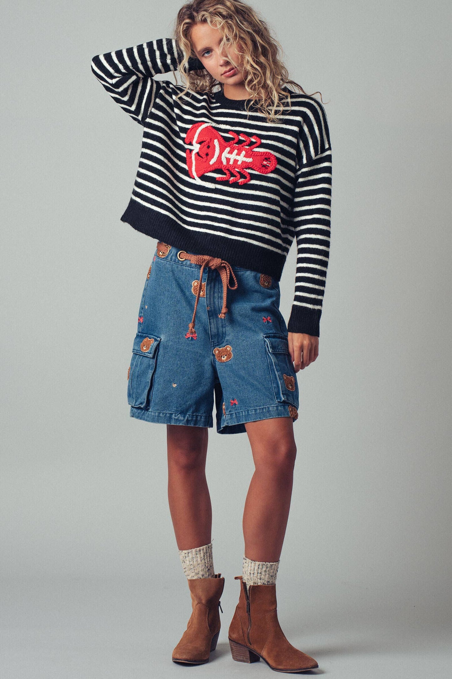 Embroidered Red Lobster Nautical Statement Sweater navy/ivory