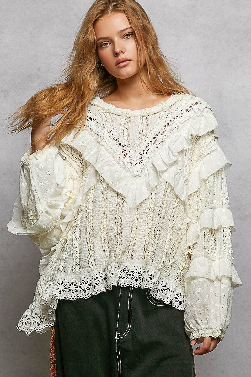 Eyelet Ruffle Raw Edge Trim Lace Solid Knit Top