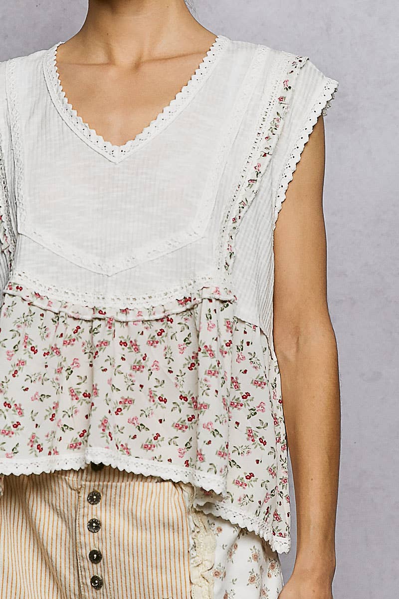 V-neck Floral Pattern Trim Ruffle Rib Knitted Sleeveless Top