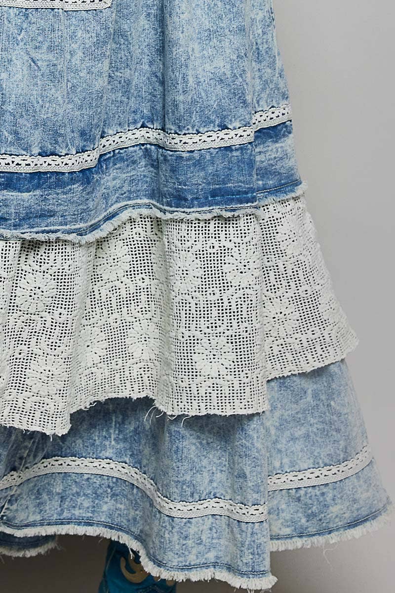 Crochet Pockets Ruffle Denim Long Overall Dress