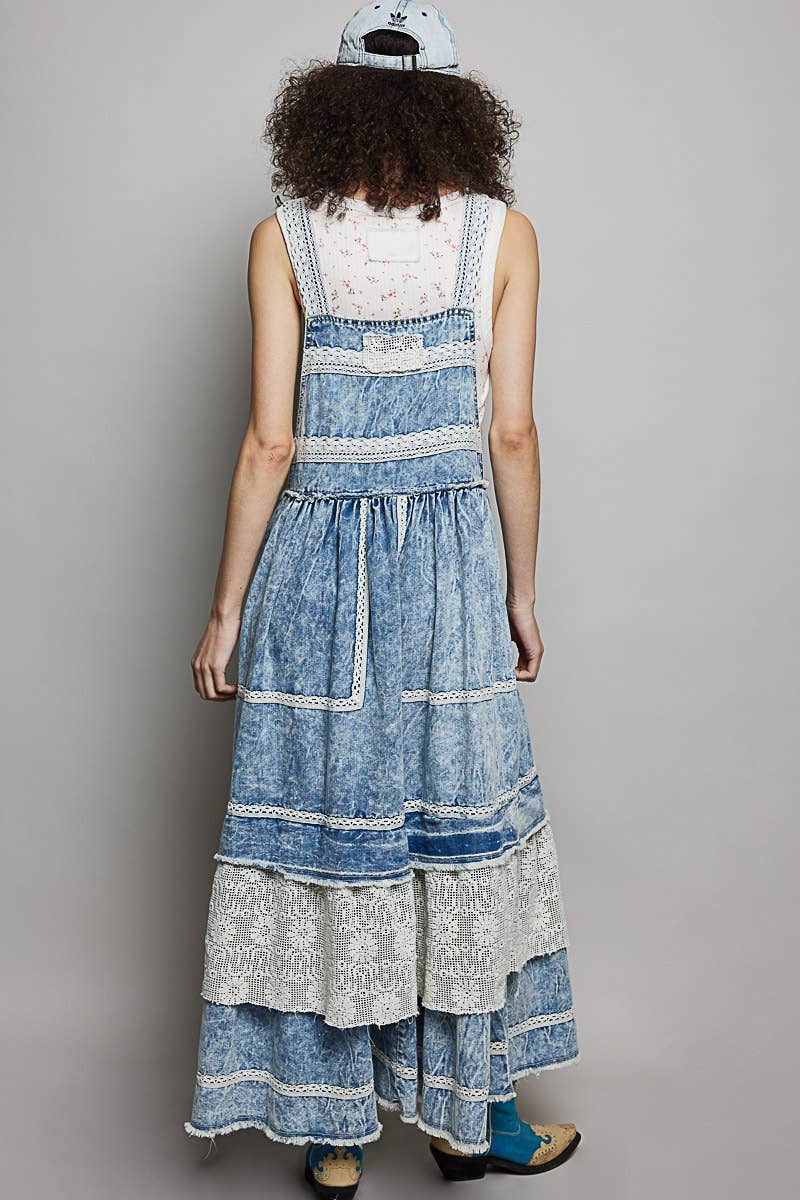 Crochet Pockets Ruffle Denim Long Overall Dress