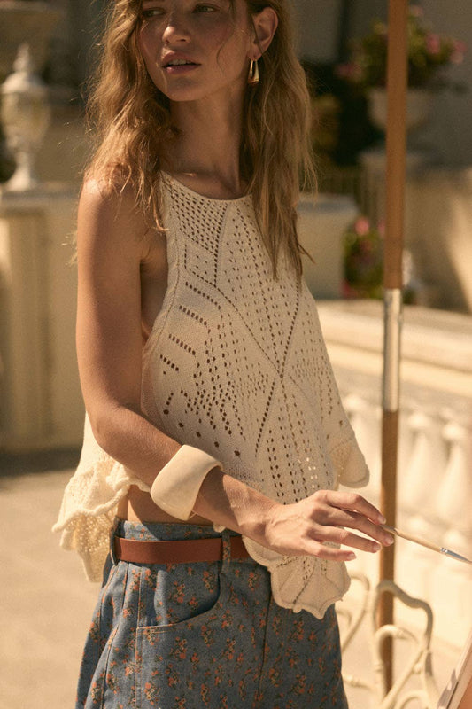 Pointelle Crochet-Knit Ruffled Handkerchief Tank Top