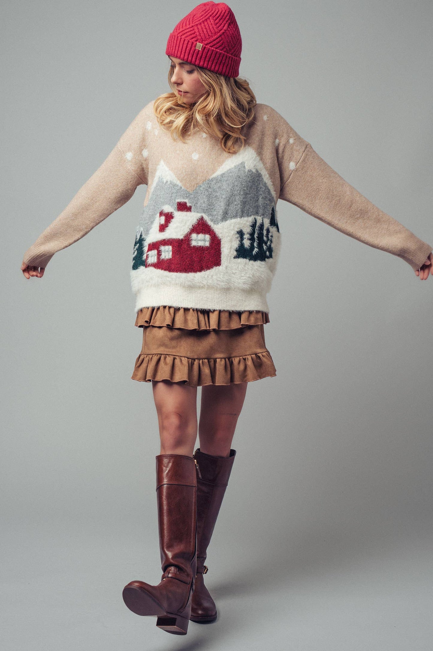 Fuzzy Winter Scene Intarsia Knit Sweater