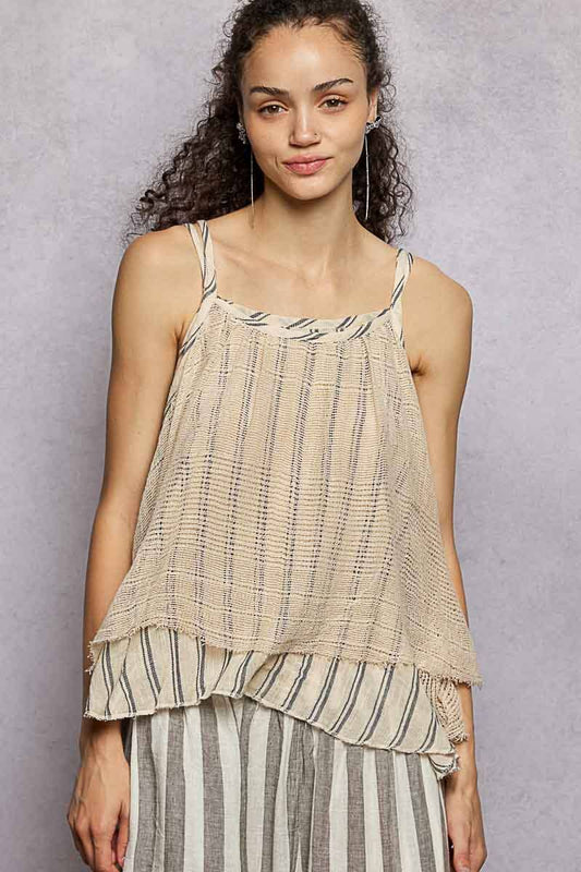 Crochet Wrap Stripe Linen Round Neck Sleeveless Top