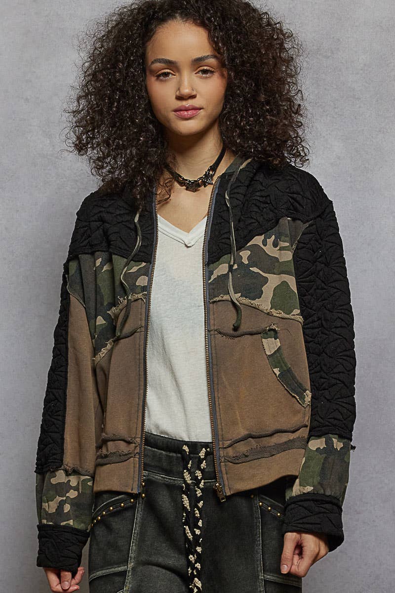 Long sleeve printed terry quilted knit hooded jacket