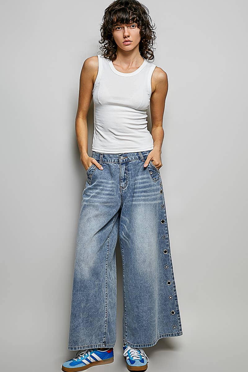 Low Rise Eyelet Studded Wide Leg Street Pants
