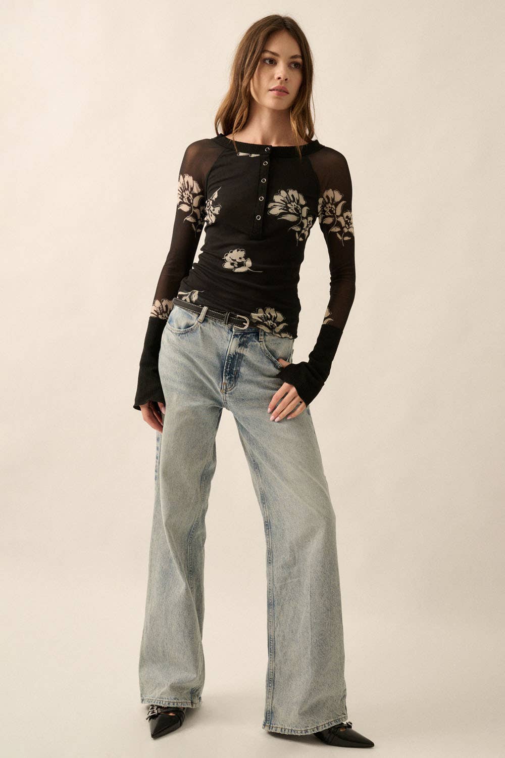 Floral-Print Mesh Henley