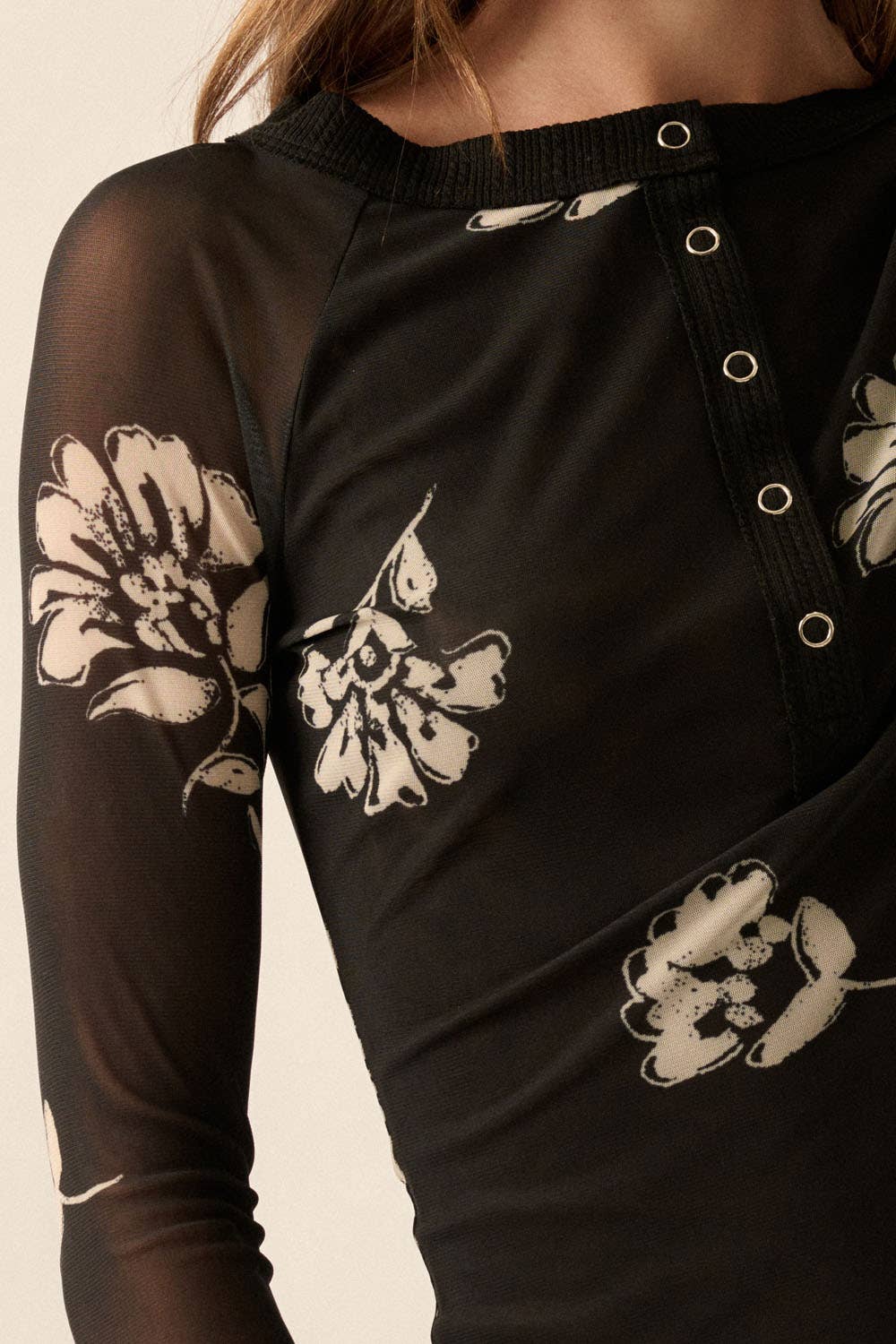 Floral-Print Mesh Henley