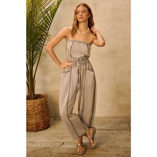MINERAL WASH CONTRAST STITCH BARREL LEG JUMPSUIT