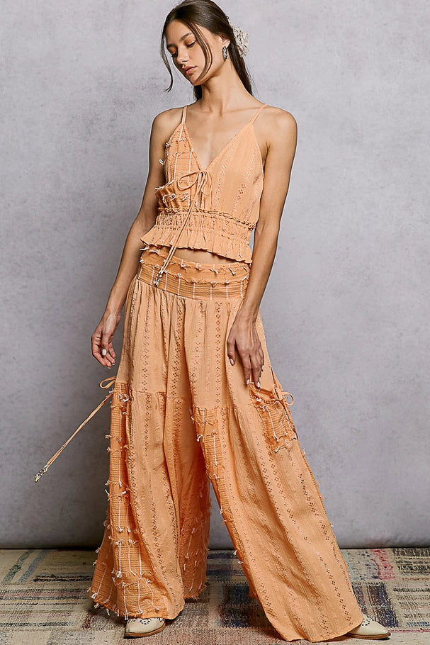 Boho Ruffle Contrast Shell Trim Wide Leg Pants coral
