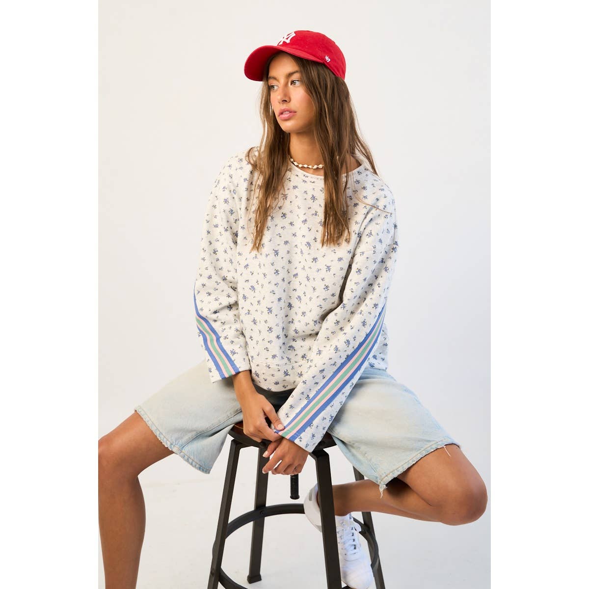 Floral Sweatshirt with Retro Striped Sleeve