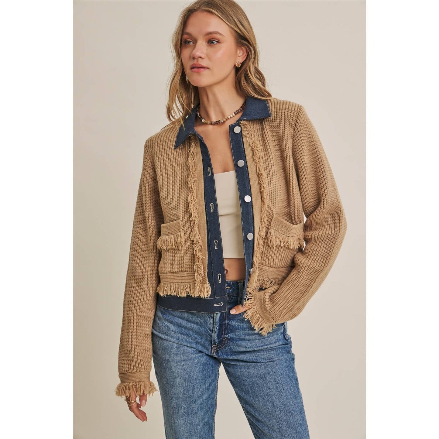 Denim  Layered Fringe Cardigan Jacket