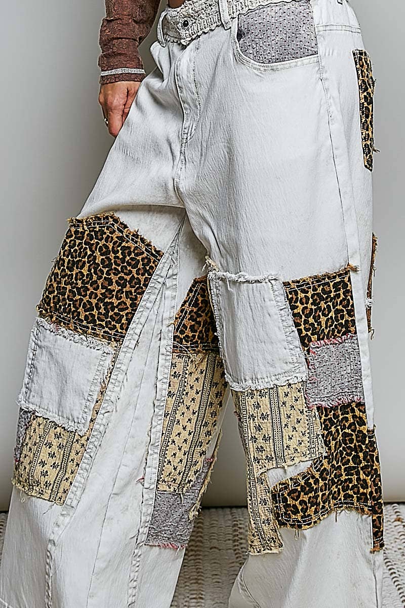 Handcrafted Vintage DIY Patchwork-Style Waistband Wide Pant