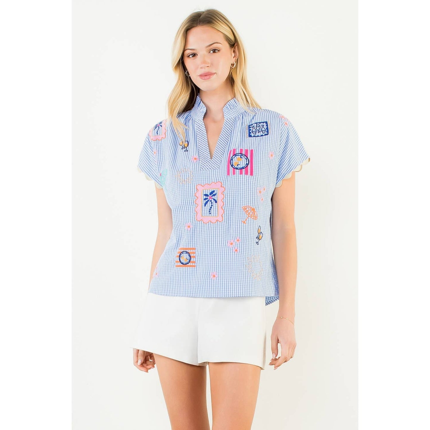 Short Sleeve Embroidery Detail Gingham Top