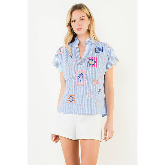 Short Sleeve Embroidery Detail Gingham Top