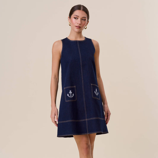 Embroidered stretch denim mini shift dress