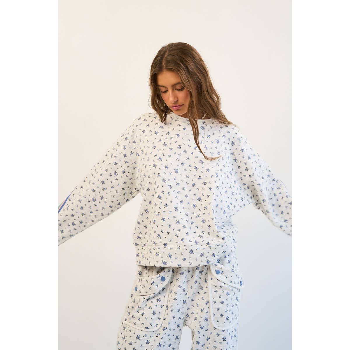 Floral Sweatshirt with Retro Striped Sleeve