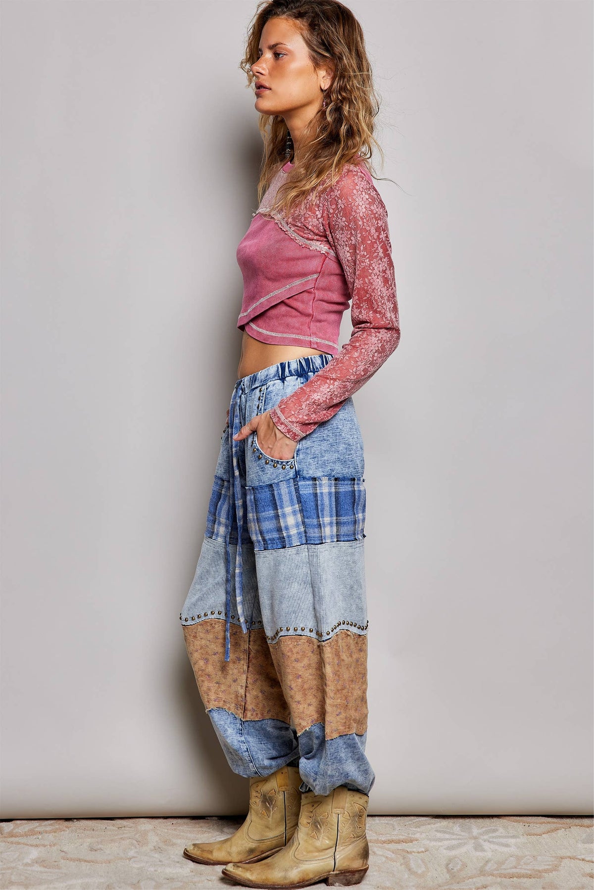 French Terry Plaid Patch Pants