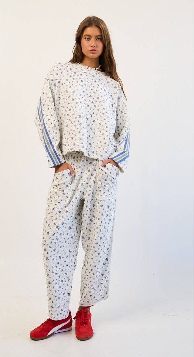 Floral Sweatshirt with Retro Striped Sleeve