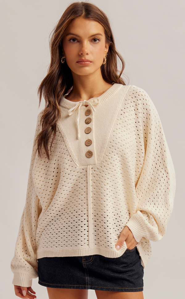 Henley Front Button Pullover Sweater