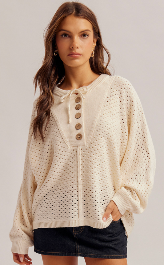 Henley Front Button Pullover Sweater