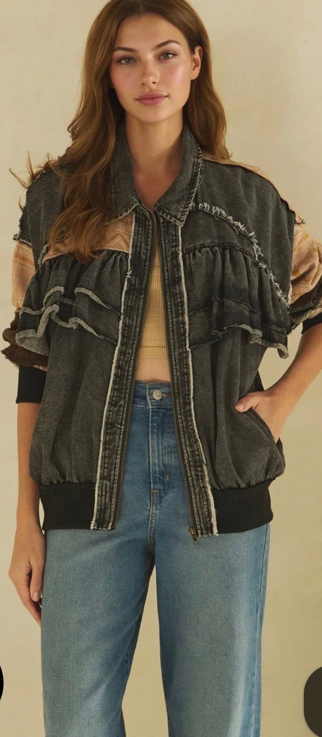 Mixed Media Denim Jacket Black
