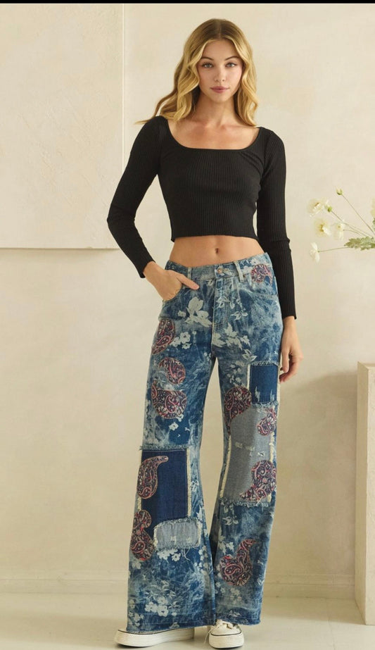 Washed Paisley Patched Jeans