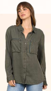 Olive tencel button up with zipper