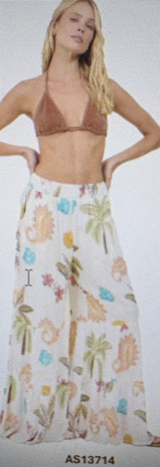 Coastal print boho tiered wide leg pants