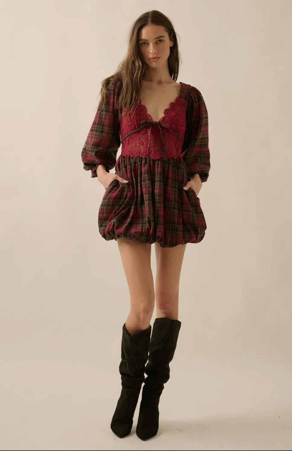 Plaid and lace puff sleeve bubble mini dress